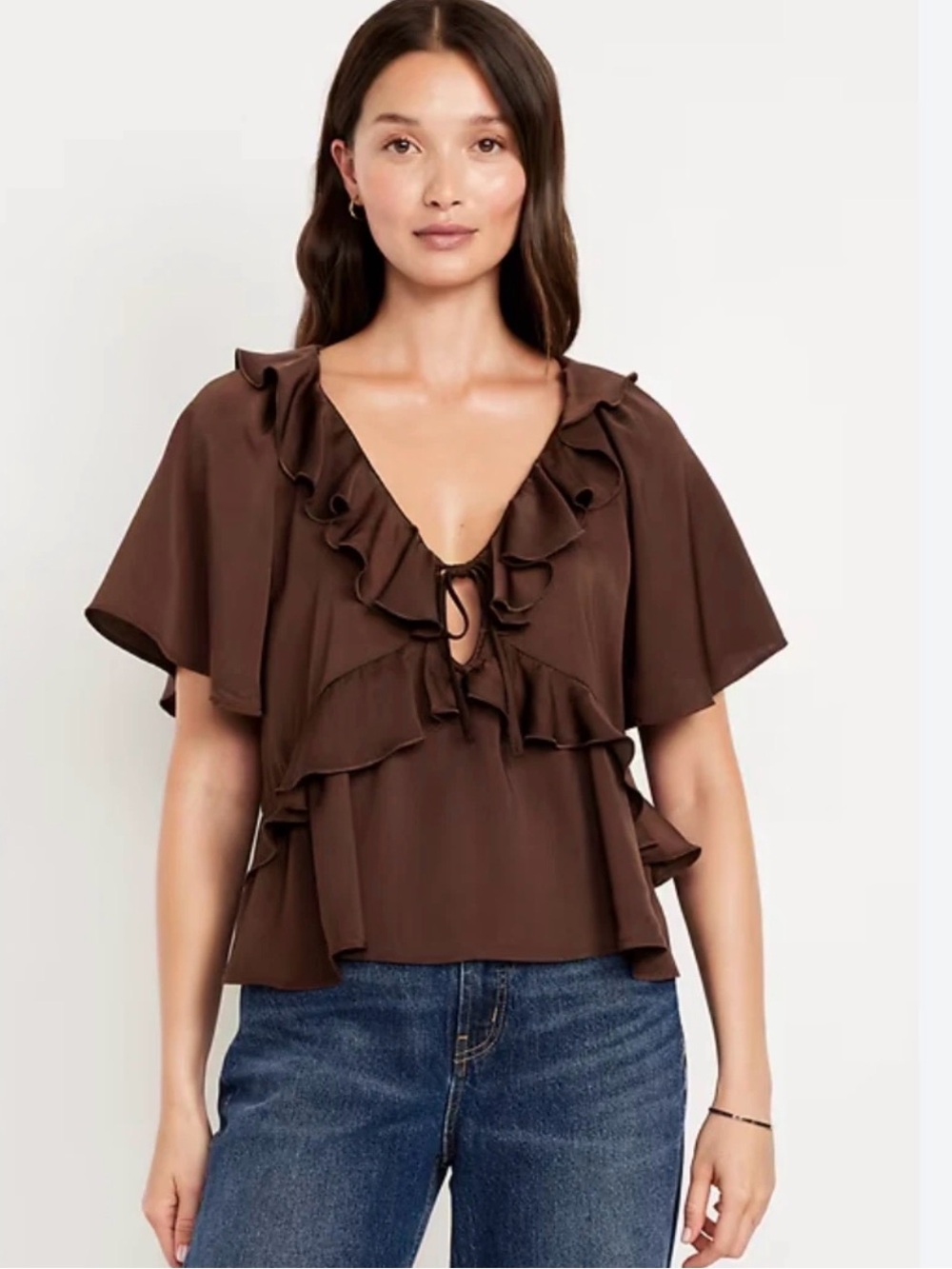 Old Navy XL Brown Satin Ruffle Front-Tie Top